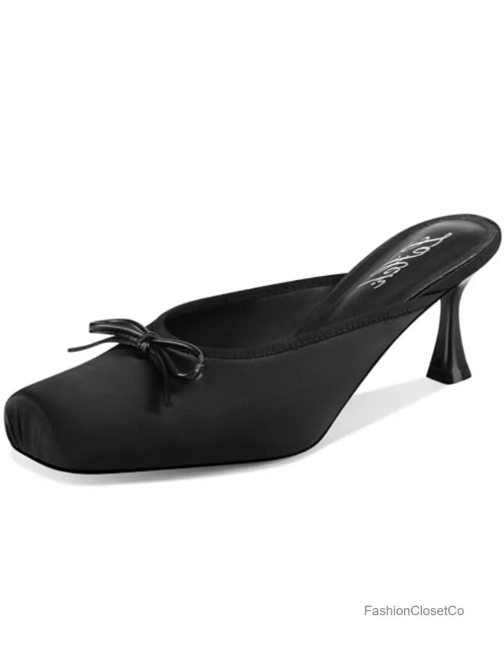Satin Ballet Mule Kitten Heels Slip On Bow Square Toe Pumps Wedding Party